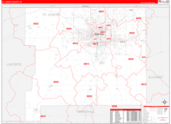 St. Joseph County, IN Wall Map Zip Code Red Line Style 2024